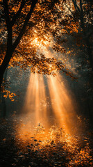 Obraz premium Inspirational quote in a misty forest with golden sunlight creating a soothing and invigorating atmosphere