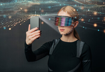 Woman using VR glasses with smartphone in a futuristic digital interface