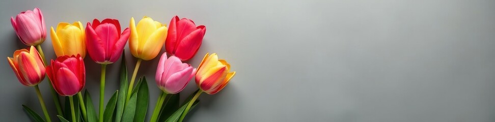 Obraz premium Vibrant tulips in full bloom contrasting against a gray background, background, grey