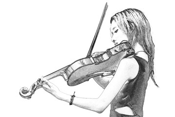 the creativity pencil sketch of the young female violinist playing viola isolated on transparent background © arjan_ard_studio