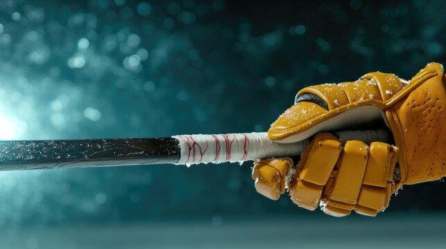 Gloved hand gripping hockey stick, showcasing dynamic motion and