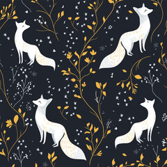 Magical seamless pattern with fox, plants, stars, moons and constellations. Boho pattern. Can be used for fabric, wallpaper, textile.