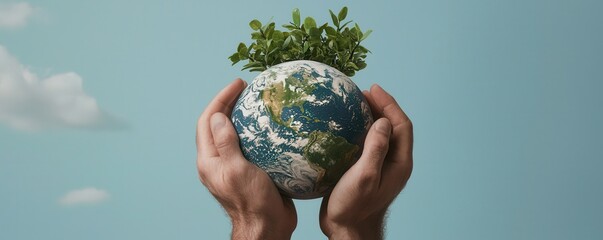 A pair of hands cradles a globe with greenery on top, symbolizing care for the Earth and environmental sustainability.