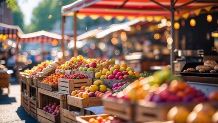 Fototapeta premium Vibrant farmers market brimming with fresh fruits and vegetables in a bustling outdoor setting during a sunny day