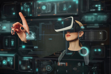 Person using VR glasses interacting with a digital interface