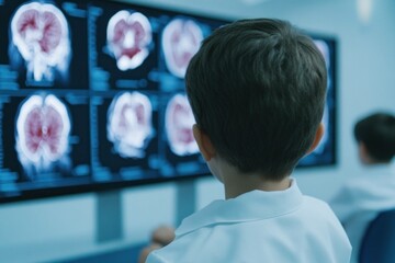 Young boy observing brain scans on monitors, showcasing curiosity and engagement in a medical setting, perfect for educational and healthcare themes