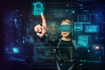 Woman using VR glasses interacting with a digital lock interface