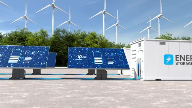 Solar panels and wind turbines with digital data, Green alternative energy concept.