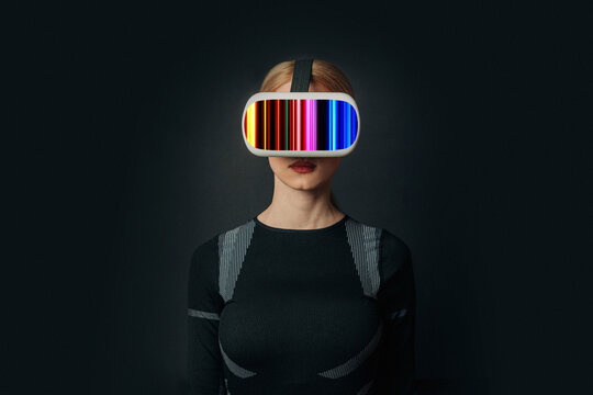 Illustration of a person wearing VR glasses with a colorful interface on a dark background