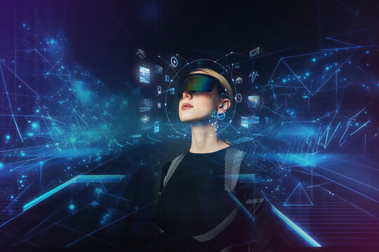 Futuristic illustration of a person wearing VR glasses in a digital interface
