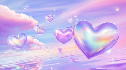 Holographic background for Valentine's Day, iridescent hearts with pastel sky and rainbow shades