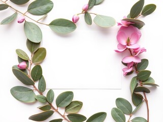 Naklejka premium Elegant Frame Crafted from Eucalyptus Leaves and Delicate Pink Flowers Showcasing Natural Beauty