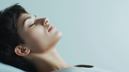 Rare illness patient lying down with eyes closed, meditating. Featuring calmness and focus
