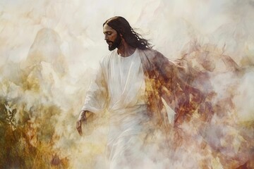 watercolor jesus in flowing robes, gentle earth tones, misty meadow backdrop, soft edges, tender spiritual grace, warm light, serene christian reverence.
