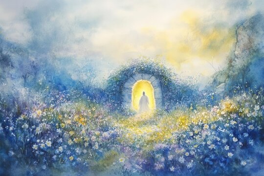 watercolor resurrection with jesus rising in shimmering blues and yellows, tomb aglow amidst wildflowers, soft edges blending into a radiant spring sky.