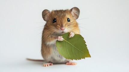 Adorable field mouse holding a green leaf on white seamless background