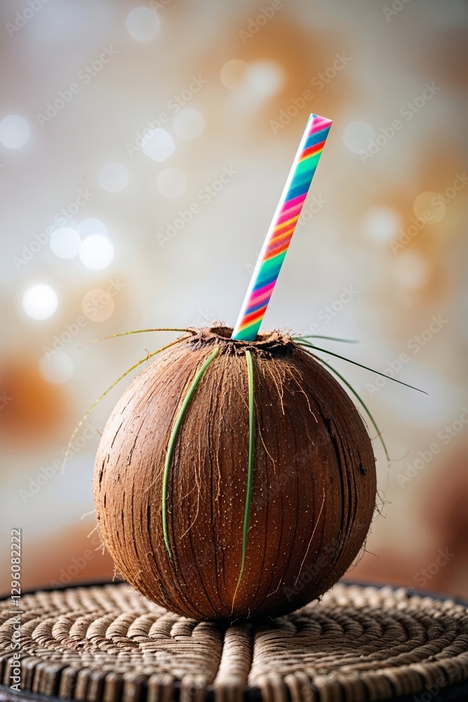 Poster refreshing coconut drink served with a colorful straw on a woven surface in a bright setting