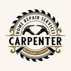 Vintage carpenter logo. planer and blade saw machine, for carpentry or woodworking.