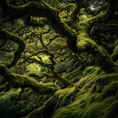 Obraz premium Enchanting forest with twisted, moss-covered trees forming a mystical green canopy, evoking a sense of wonder, mystery, and untouched nature. 