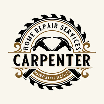Vintage carpenter logo. planer and blade saw machine, for carpentry or woodworking.