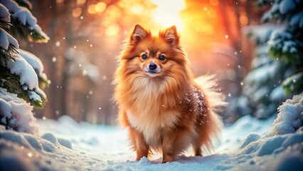 Obraz premium Adorable Pomeranian Puppy in Winter Wonderland - Snowy Park Portrait