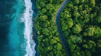 A peaceful top-down view of a coastal road, with lush greenery on one side and the ocean on the other, stretching to the horizon.