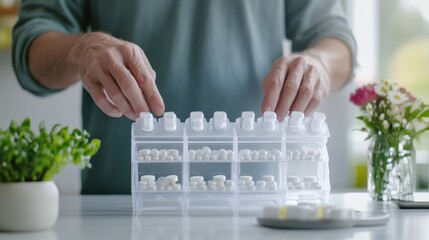 Rare illness patient managing medication with a weekly pill organizer. Featuring organization and health management