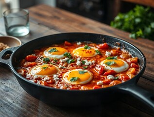 Cast-iron pan on wooden table for delicious shakshuka with poached eggs