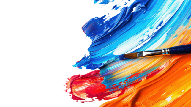 Paintbrush creating colorful swirls of acrylic paint on transparent background