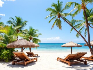 Relaxing Beach Scene with Two Comfortable Lounge Chairs and a Thatched Umbrella Under Clear Sky