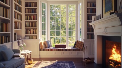 This inviting New England living room features a comfortable seating area by the fireplace, bookshelves filled with books, and large windows that bring in natural light and views of the garden