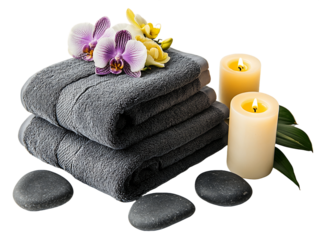Dark Gray Towels With Orchid And Candles On Black Stones, PNG