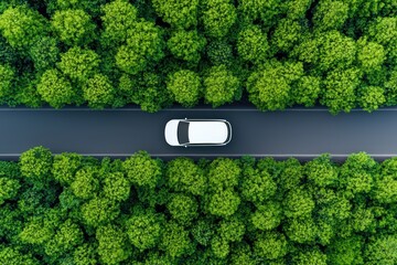 Aerial view of a white car driving on a road through a green forest. Concept of travel, nature, and transportation.