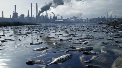 A large number of dead fish float on the surface of a river contaminated by industrial pollution, highlighting the ecological crisis caused by nearby factories