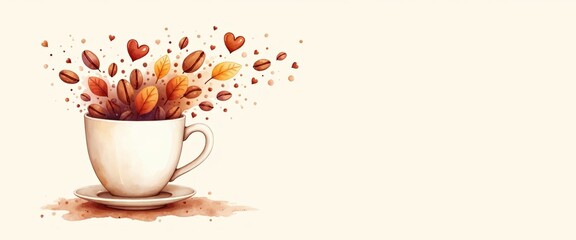Banner charming coffee cup decorated with hearts and leaves, perfect for romantic themes and autumn promotions.