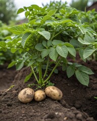  A potato plant with green leaves and a few freshly dug potatoes resting on the soil.