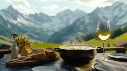 A charming dining table at a Swiss alpine lodge features a pot of delicious fondue, fresh bread, a glass of wine, and colorful flowers against a stunning mountain backdrop