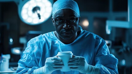 A focused surgeon in blue scrubs holds a coffee cup in both hands, taking a moment to relax in a well-lit operating room during a hectic shift at the hospital