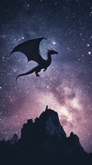 Fototapeta premium A dragon silhouette glows as it glides through a vast, starry night sky. Vertical.