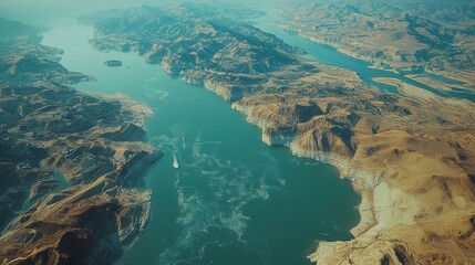 A winding river meanders through a vibrant green landscape under a bright, fluffy sky.  The scene is serene and expansive