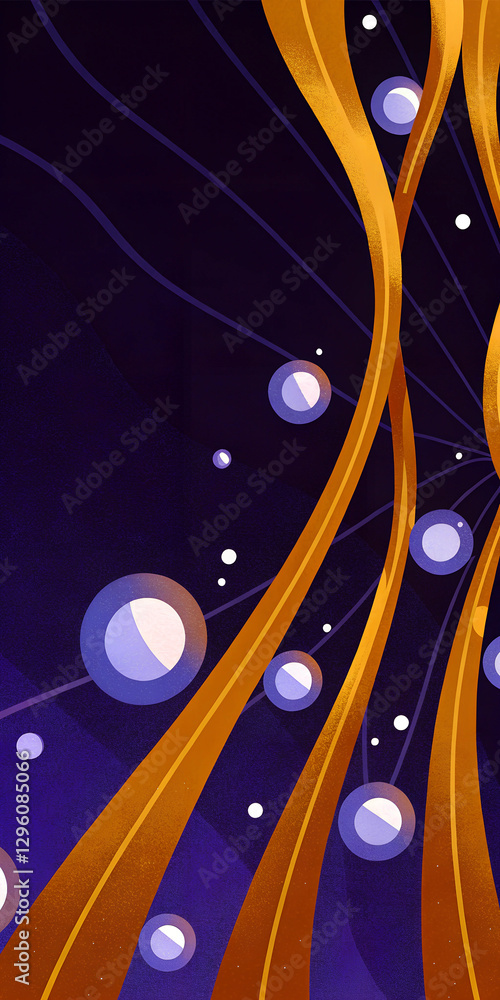 Poster abstract artistic illustration with flowing golden lines and orbs against a dark background for mode