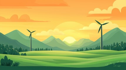 Obraz premium Wind turbines in a green field with mountains and a sunset. Concept of renewable energy and sustainability.