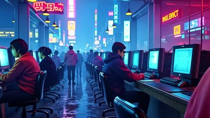 Neon-lit gaming café bustling with gamers immersed in screens, showcasing urban nightlife