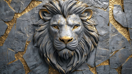 3D lion head wall art, textured wallpaper, with golden lines, in a grey color tone
