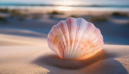 Detailed pastel seashell: soft sandy surface, soft light.  Delicate beach treasure, serene