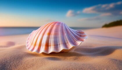 Detailed pastel seashell: soft sandy surface, soft light.  Delicate beach treasure, serene