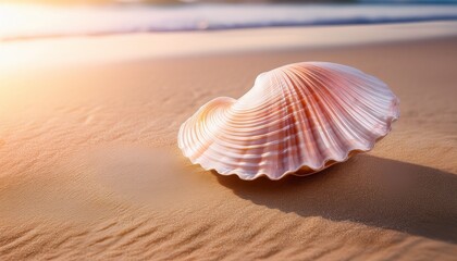 Detailed pastel seashell: soft sandy surface, soft light.  Delicate beach treasure, serene