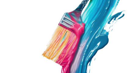 Paintbrush dripping with pink, orange and blue paint on transparent background