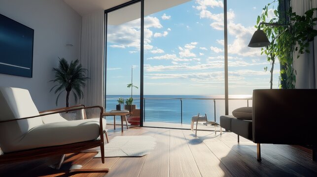 This cliffside retreat features a modern Scandinavian interior, large glass windows, and breathtaking ocean views, providing a perfect escape by the sea Concept of real estate - Powered by Adobe