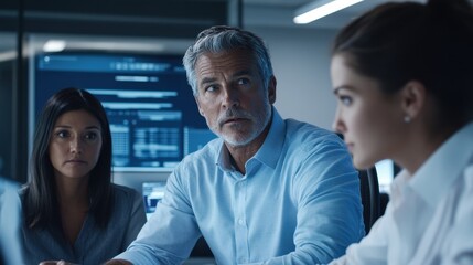 Obraz premium In a crisp, modern office, a diverse group of business professionals - a coworker, a shareholder, and a client - gathered for a focused discussion, their faces illuminated by the glow of computer